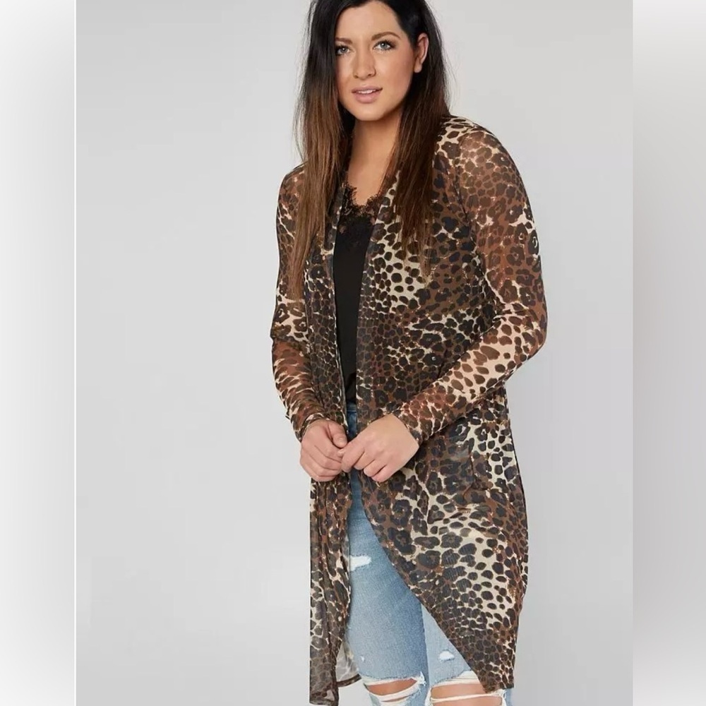 Daytrip Leopard Print Mesh
long Line Open Front Cardigan Brown and Black